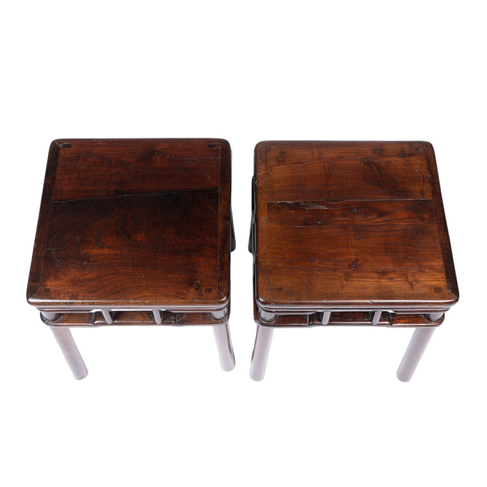 Pair of Chinese Elm stools with hump back rail (1780-1820)