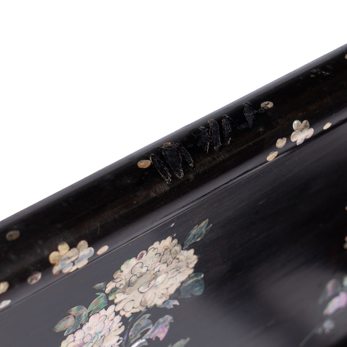 Japanese black lacquered lyre base sewing box on stand with abalone and Mother-of Pearl inlays (1880)