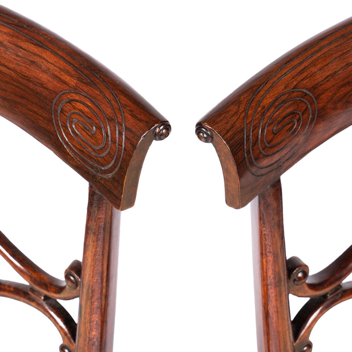 Pair of English Regency upholstered slip seat side chairs (c. 1815)