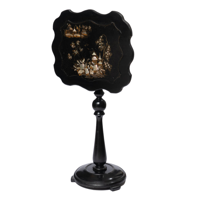 English papier maché tilt top candle stand (1860)