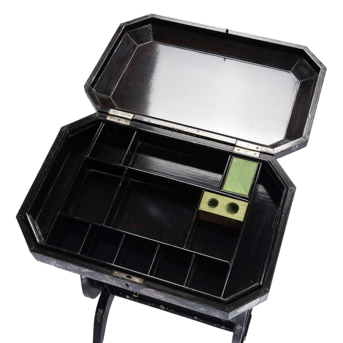 Japanese black lacquered lyre base sewing box on stand with abalone and Mother-of Pearl inlays (1880)