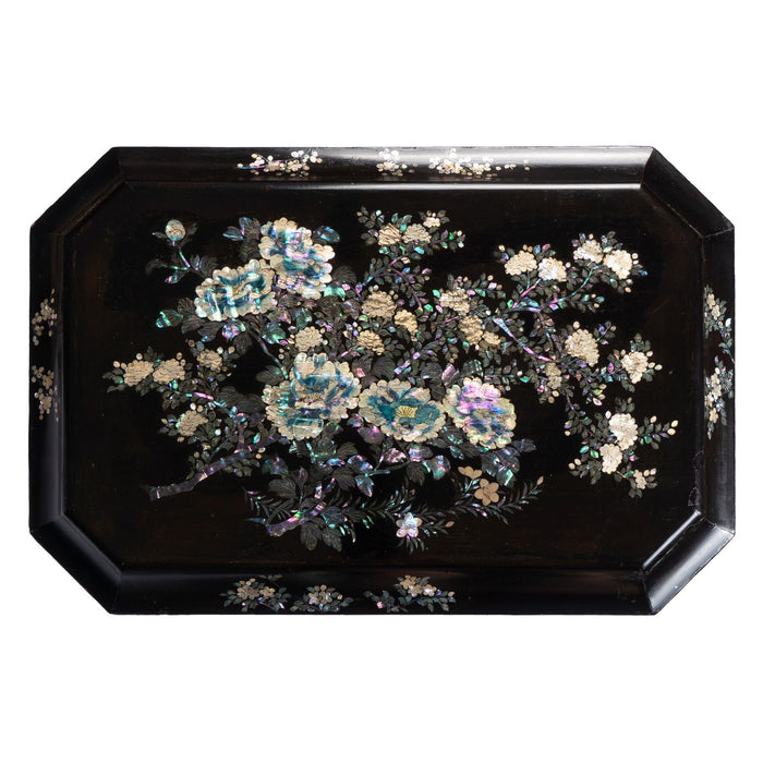 Japanese black lacquered lyre base sewing box on stand with abalone and Mother-of Pearl inlays (1880)