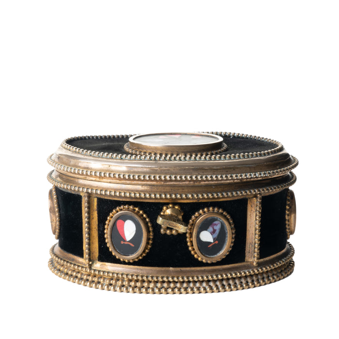 Italian oval jewelry box in cast bronze and pietra dura with hinged lid (1850's)