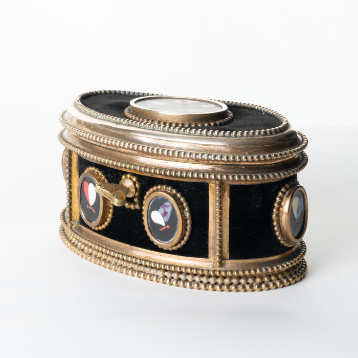 Italian oval jewelry box in cast bronze and pietra dura with hinged lid (1850's)