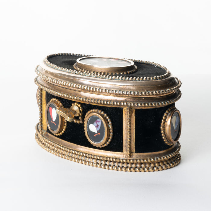 Italian oval jewelry cask in cast bronze and pietra dura with hinged lid (1850's)