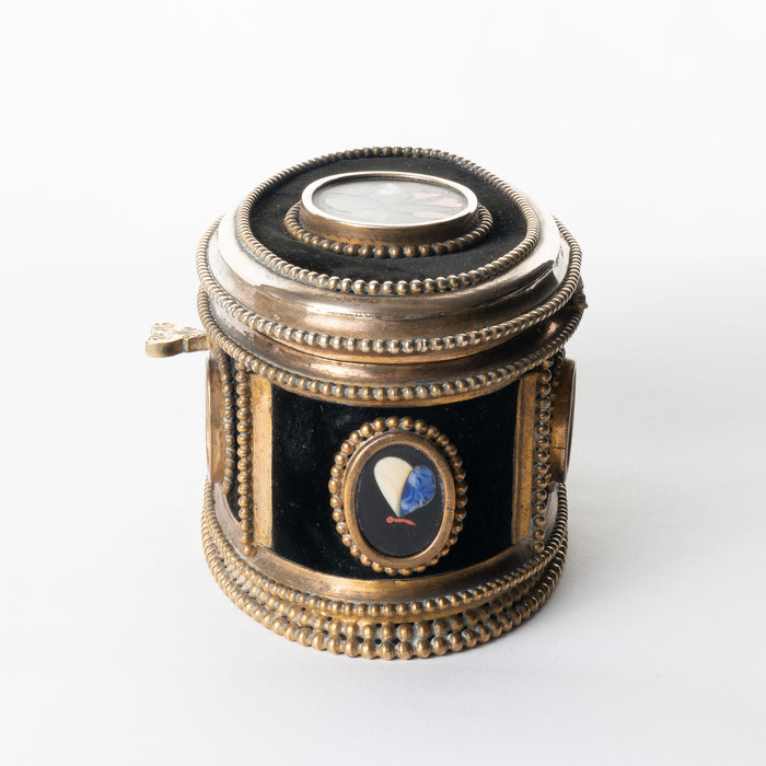 Italian oval jewelry cask in cast bronze and pietra dura with hinged lid (1850's)