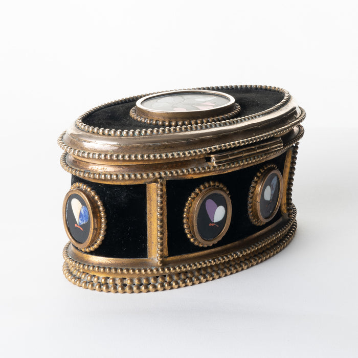 Italian oval jewelry cask in cast bronze and pietra dura with hinged lid (1850's)