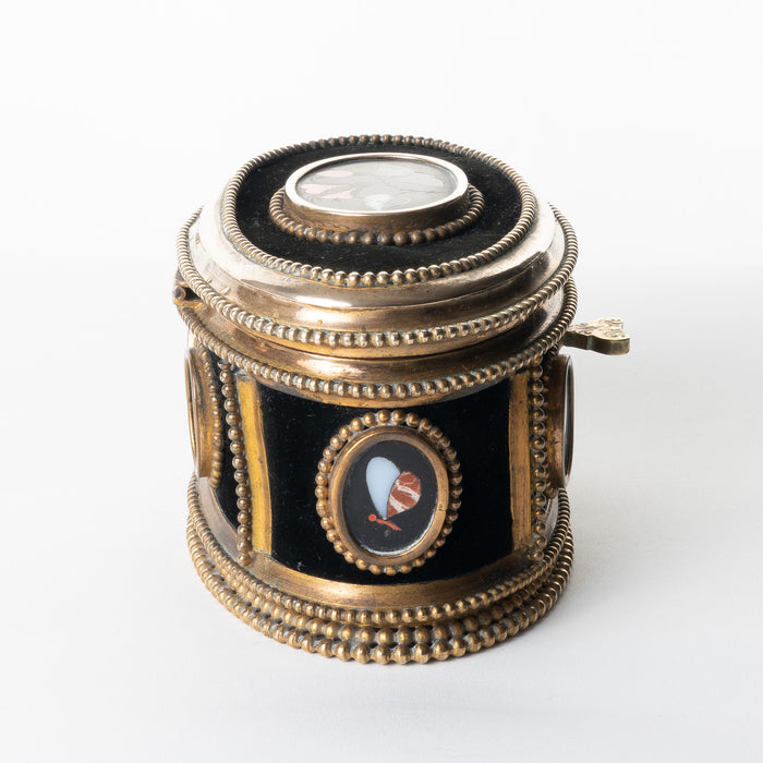 Italian oval jewelry cask in cast bronze and pietra dura with hinged lid (1850's)