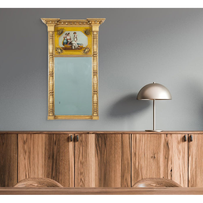 American Sheraton gilt tabernacle pier mirror with eglomise panel