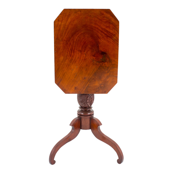 American mahogany tilt top tea table with feather carved pedestal (c. 1815)