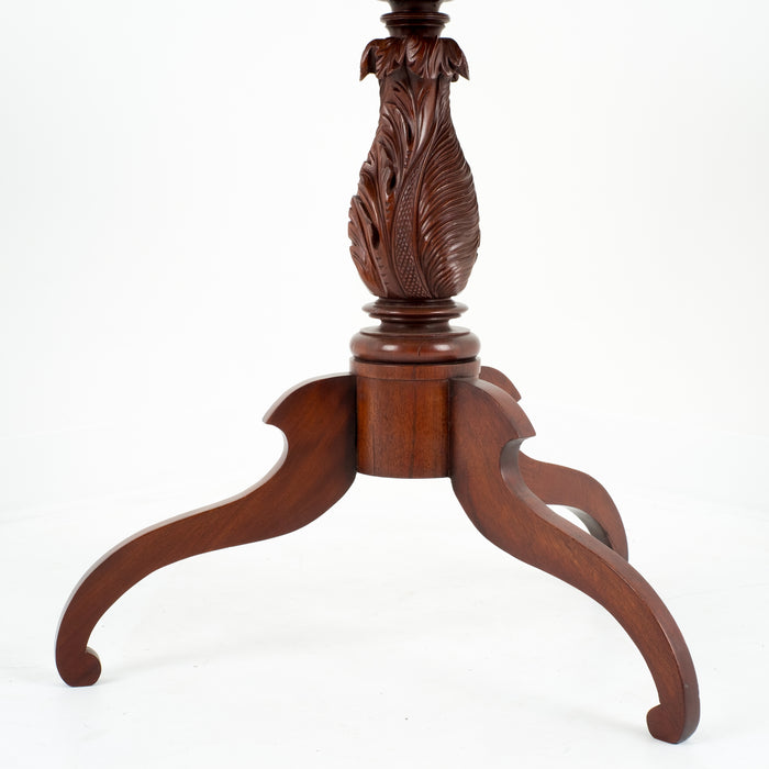 American mahogany tilt top tea table with feather carved pedestal (c. 1815)