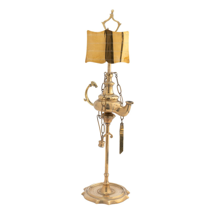 Italian cast brass single spout oil lamp with deflector (c. 1790)