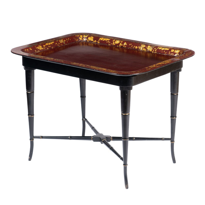 English gilt decorated burgundy paper mache tea tray on custom stand (1830)