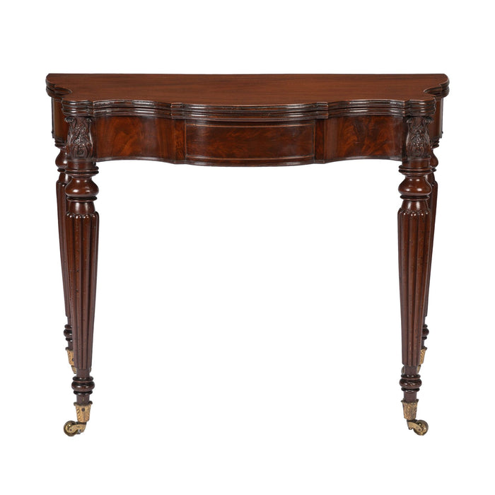 Samuel Field MacIntire (attributed) mahogany flip top game table on turned & reeded legs (1810-15)