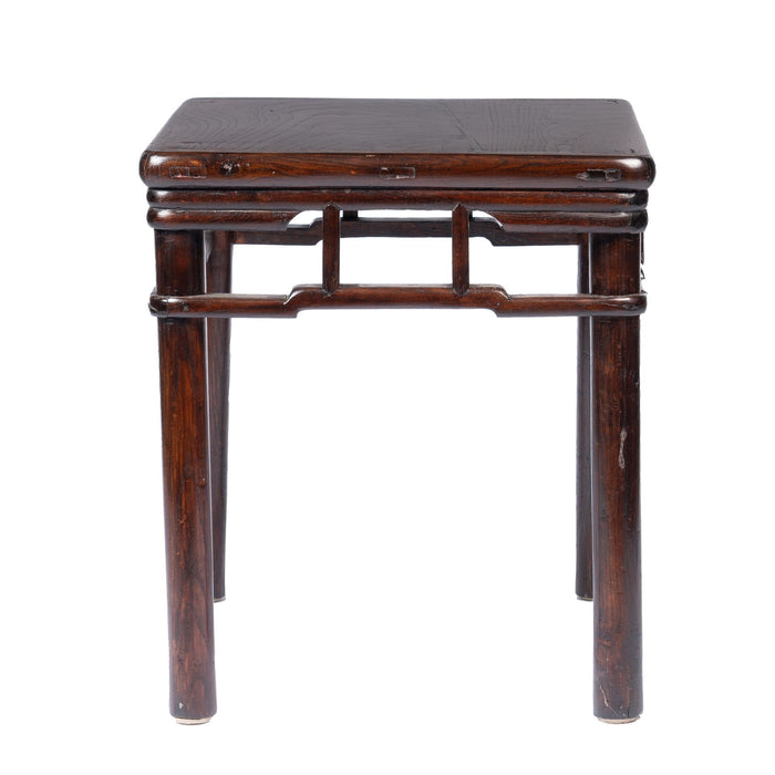 Pair of Chinese Elm stools with hump back rail (c. 1780-1820)