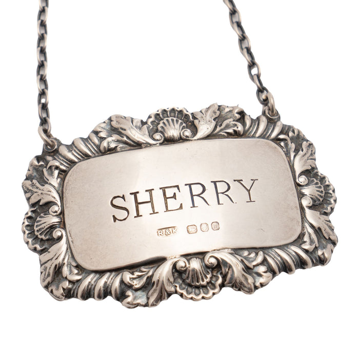 Sterling silver sherry decanter label by Richards & Knight (1977-78)