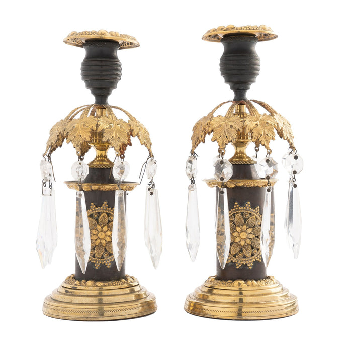 English Regency candlesticks with luster ring & cut glass lusters (1800)