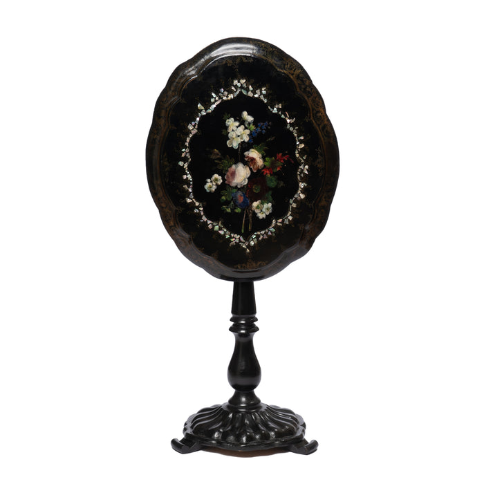 English Victorian Mother of Pearl inlaid and painted papier maché tilt top table (1860)