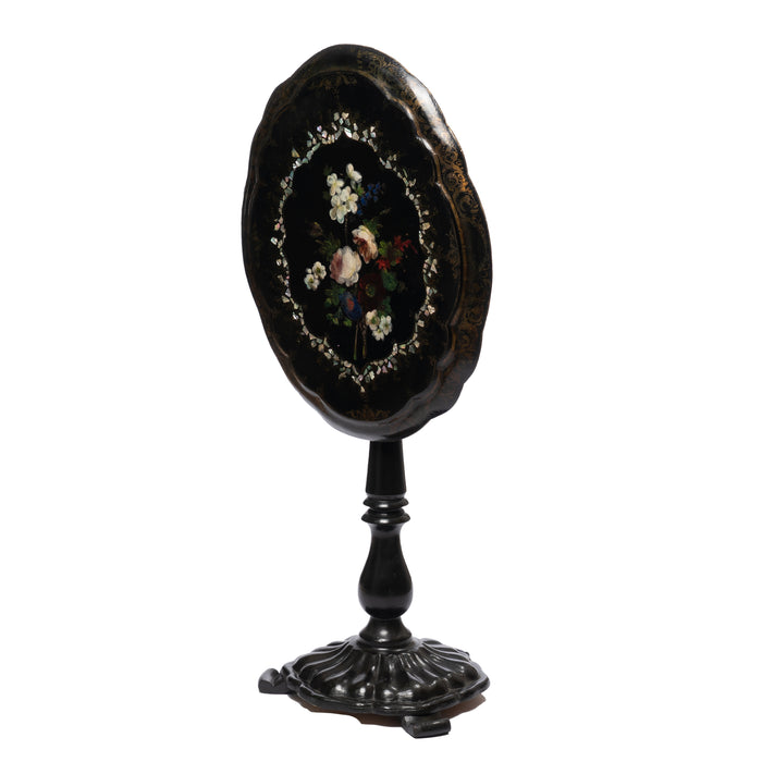 English Victorian Mother of Pearl inlaid and painted papier maché tilt top table (1860)