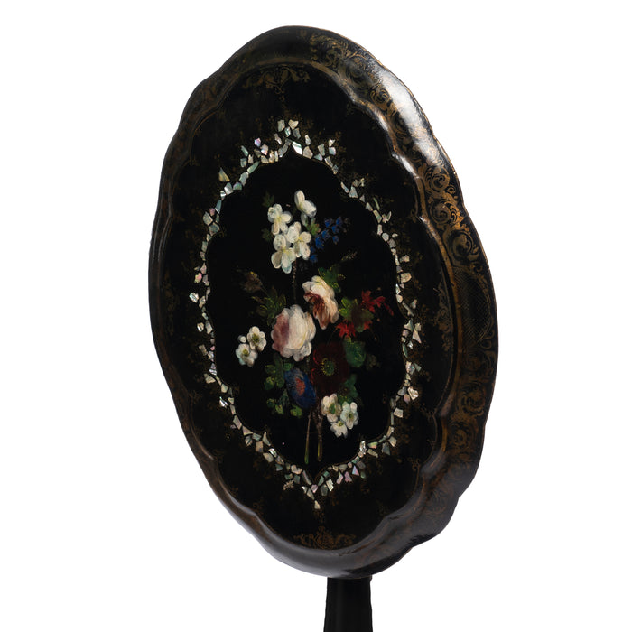 English Victorian Mother of Pearl inlaid and painted papier maché tilt top table (1860)