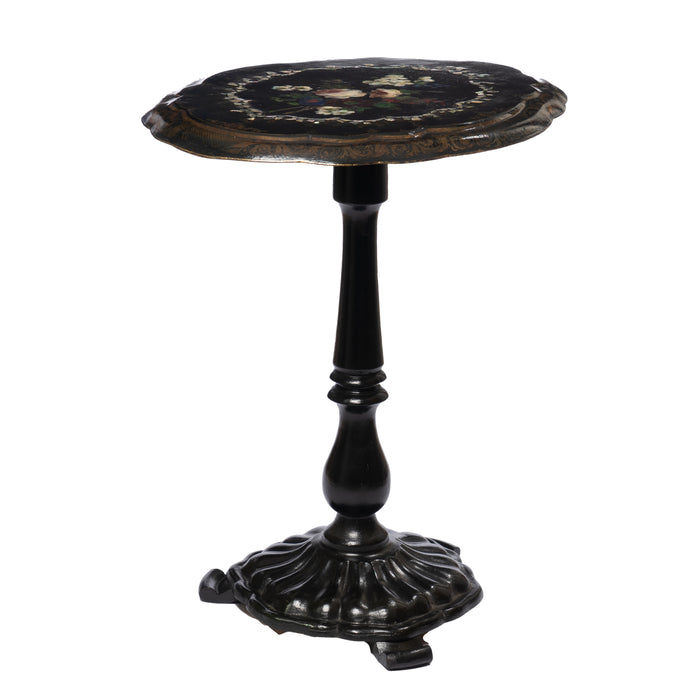 English Victorian Mother of Pearl inlaid and painted papier maché tilt top table (1860)