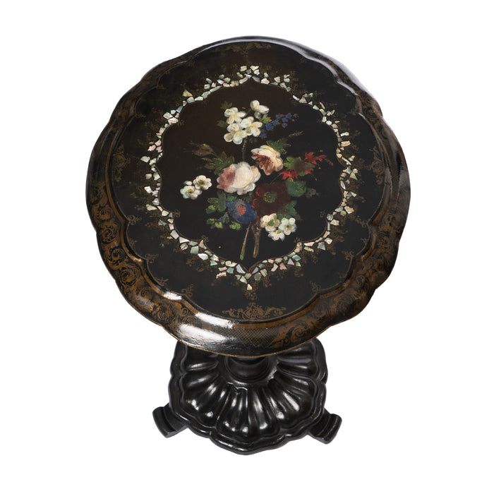 English Victorian Mother of Pearl inlaid and painted papier maché tilt top table (1860)