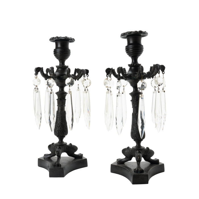 Pair of English cast bronze candlesticks with luster ring (1830-40)