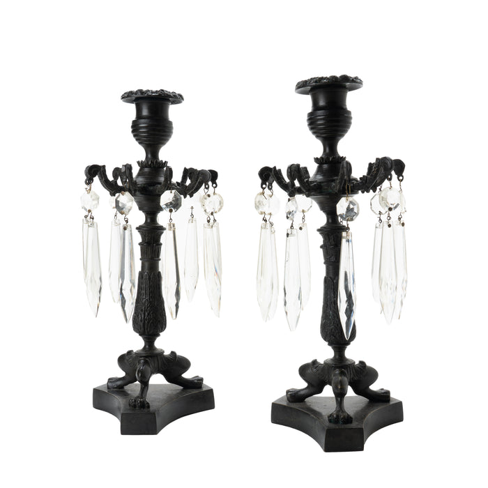 Pair of English cast bronze candlesticks with luster rings (c. 1830-40)