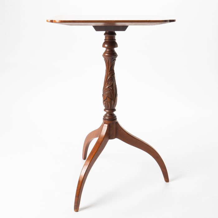 American cherry spider leg candle stand with feather carved baluster pedestal (1800)