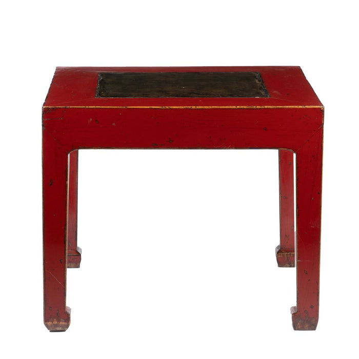 Chinese red lacquered square table fitted with inset stone top