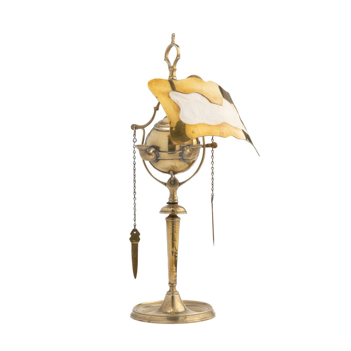 Italian cast brass two burner Lucerne oil lamp with deflector (c. 1800)