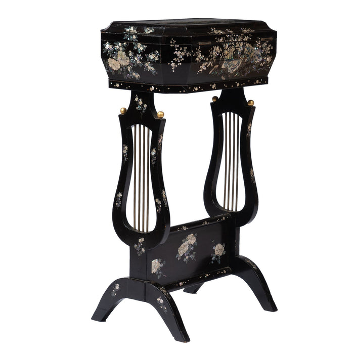Japanese black lacquered lyre base sewing box on stand with abalone and Mother-of Pearl inlays (1880)