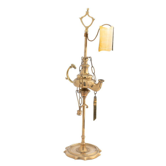 Italian cast brass single spout oil lamp with deflector (c. 1790)