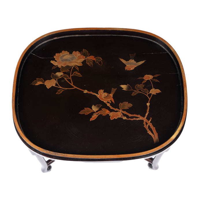 Japanese Maki-e lacquered oval wood tray on stand (1850-1900)