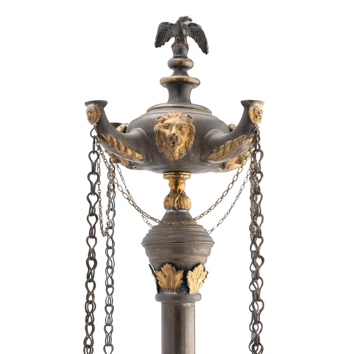 Italian cast brass Lucerne oil lamp with oxidized and gilt embellishments (1800)