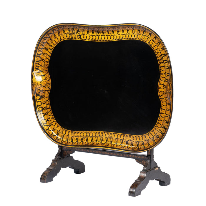 Jennings & Bettridge attributed papier mache tray on hinged tilt top stand (c. 1830)