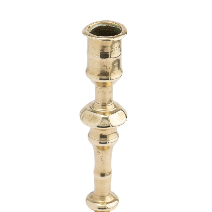 English cast brass Queen Anne baluster shaft candlestick with candle cup, 1760-70