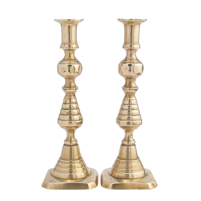 Pair of English cast brass beehive candlesticks (1830)