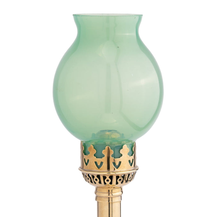 French stamped brass & glass spring hurricane lamp (c. 1875-1900)