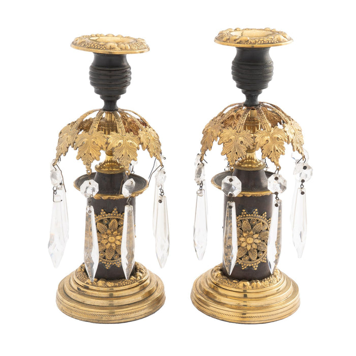 English Regency candlesticks with luster ring & cut glass lusters (1800)