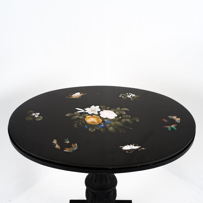 Italian grand tour pietra dura oval table top on cast iron base (1800's)