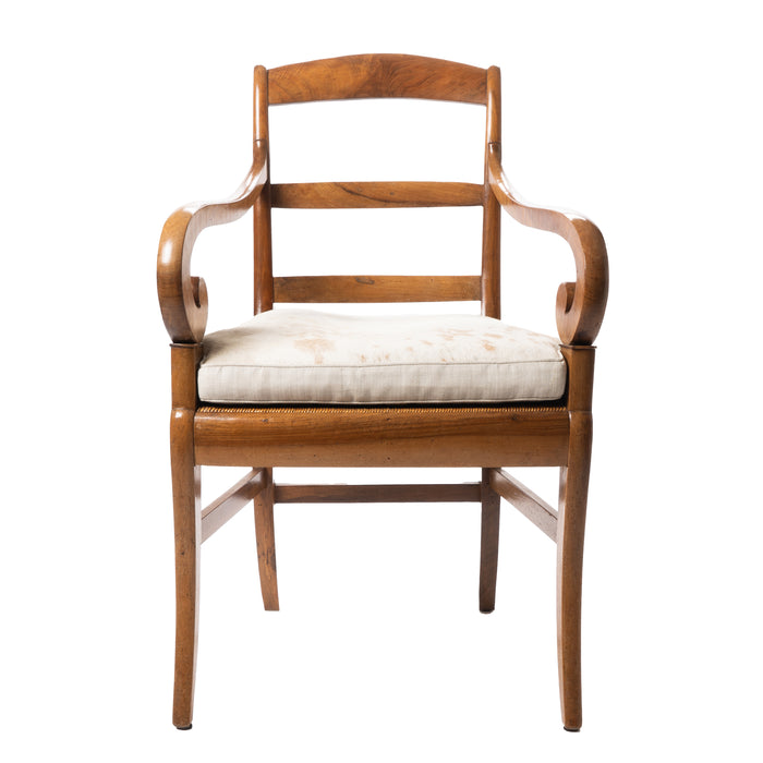 French cherry wood arm chair with rush seat and upholstered seat cushion (1830)