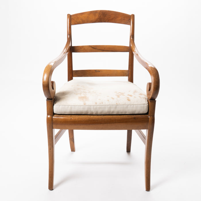 French cherry wood arm chair with rush seat and upholstered seat cushion (1830)