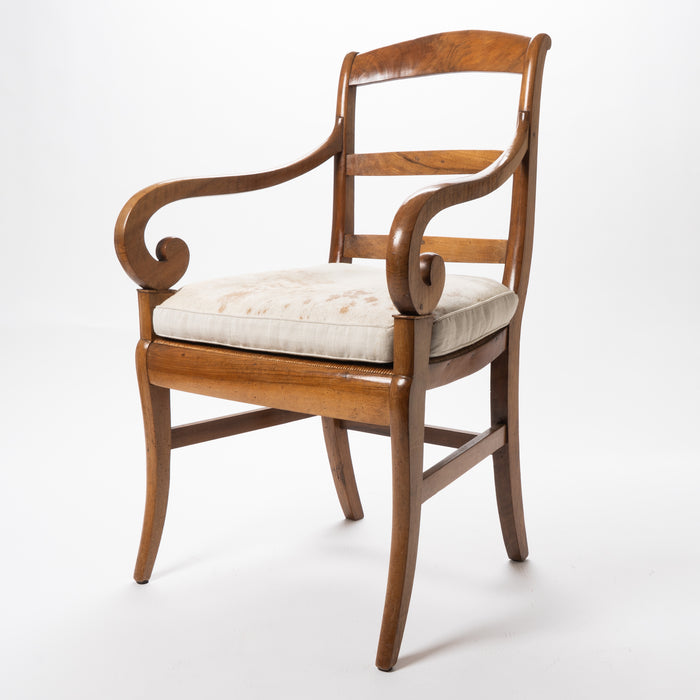 French cherry wood arm chair with rush seat and upholstered seat cushion (1830)