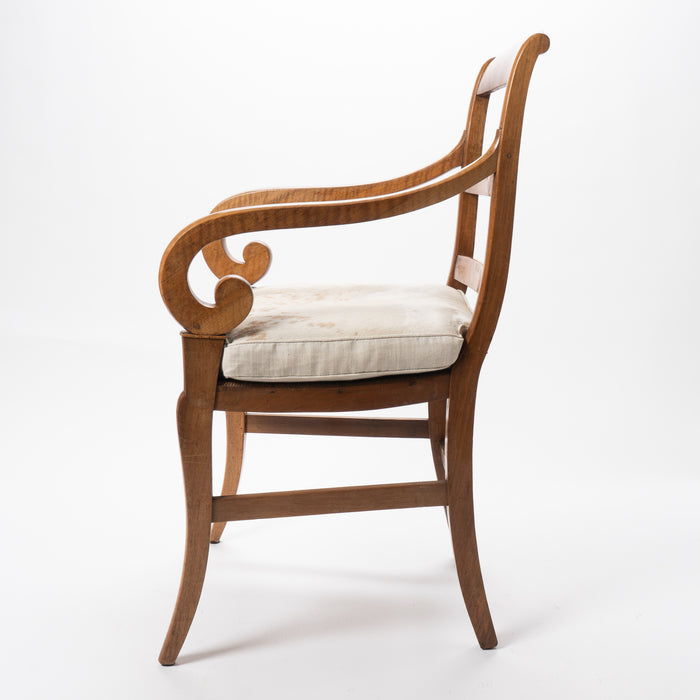 French cherry wood arm chair with rush seat and upholstered seat cushion (1830)