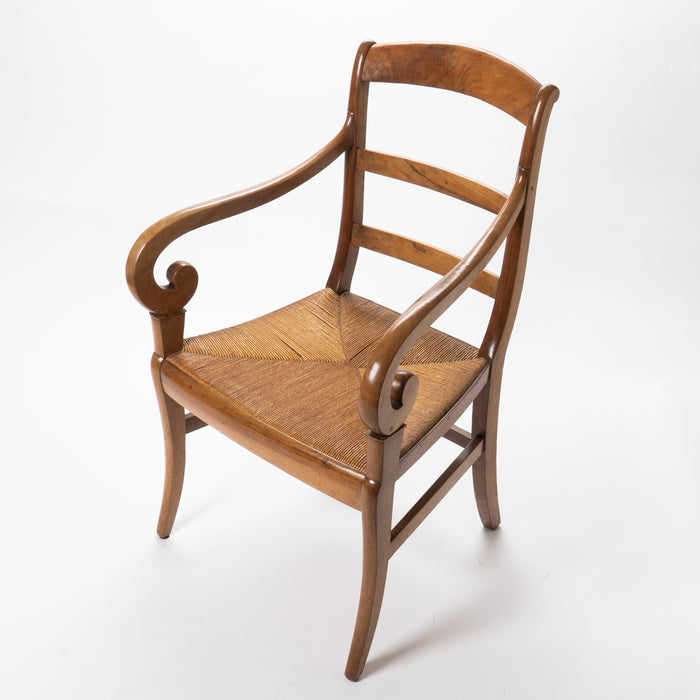 French cherry wood arm chair with rush seat and upholstered seat cushion (1830)