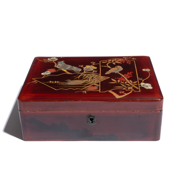 Japanese lacquered, enameled, and inlaid box with hinged lid (1800's)