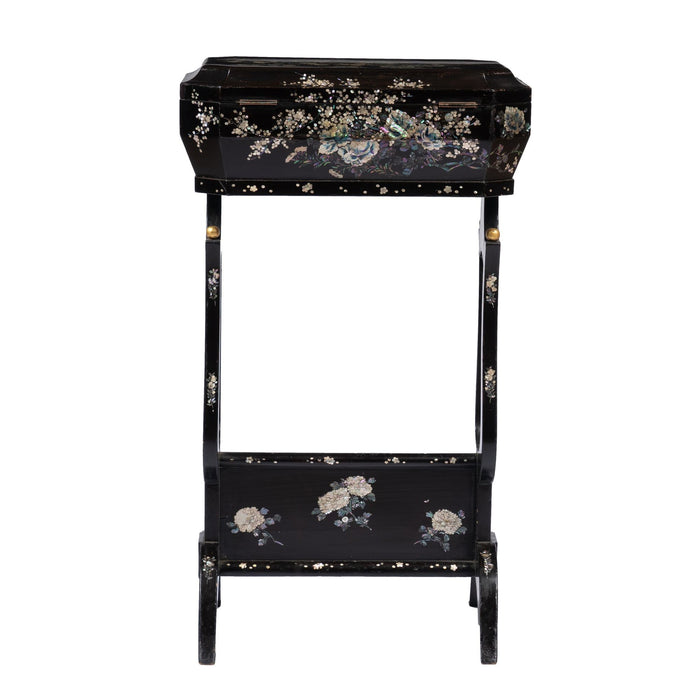 Japanese black lacquered lyre base sewing box on stand with abalone and Mother-of Pearl inlays (1880)