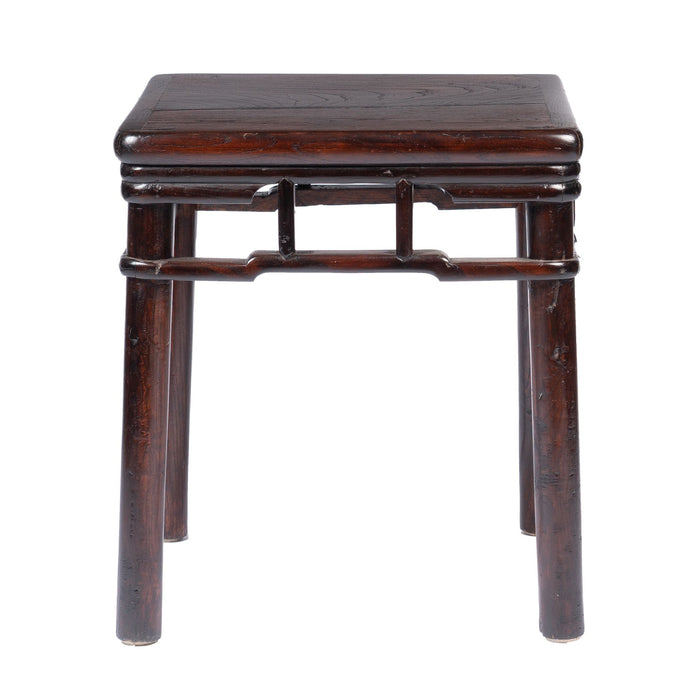 Pair of Chinese Elm stools with hump back rail (c. 1780-1820)