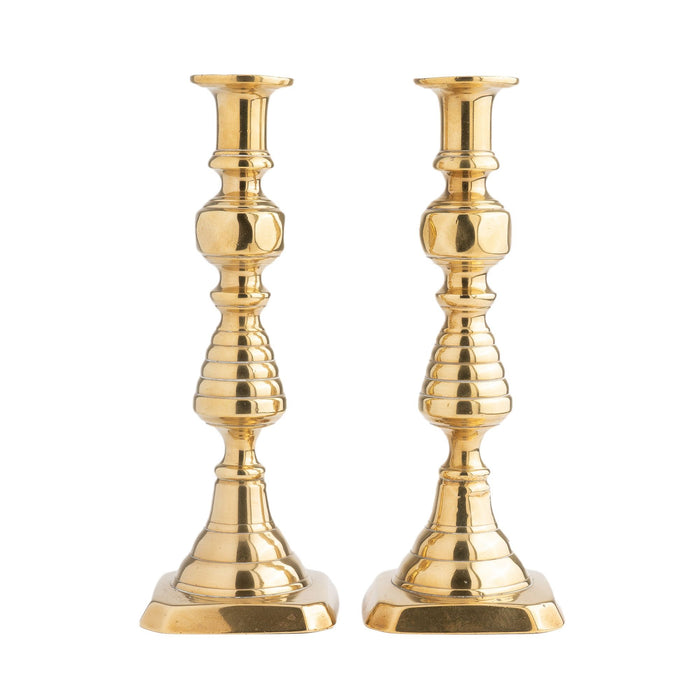 Pair of English cast brass beehive candlesticks, 1830